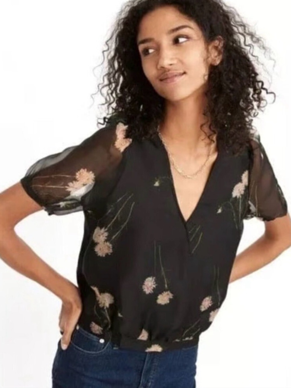 Madewell Black Sheer Floral V-Neck Blouse